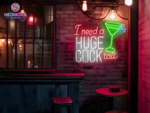 "I Need a Huge Cocktail" LED sign in a lively pub setting with friends laughing - Neonora
