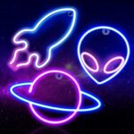 *"3-piece space-themed neon light set (planet, alien, rocket) - 11.6" LED wall decor for kids' rooms, gaming spaces, and bars. Features USB/battery power, cool blue/pink lighting, and easy hanging installation."*