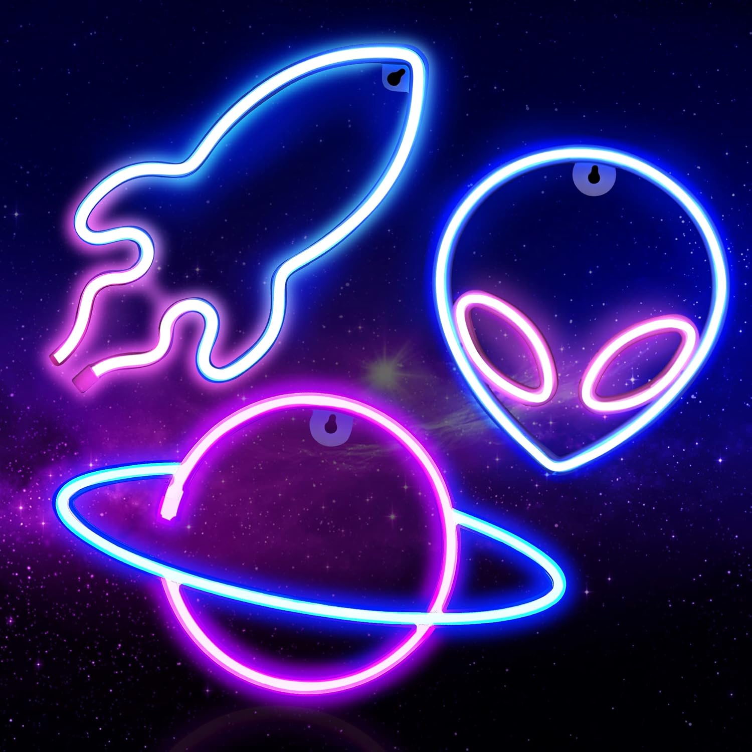 *"3-piece space-themed neon light set (planet, alien, rocket) - 11.6" LED wall decor for kids' rooms, gaming spaces, and bars. Features USB/battery power, cool blue/pink lighting, and easy hanging installation."*