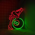 LED neon sign featuring a silhouette of a billiard lady, designed for wall decor in game rooms, bars, or near pool tables. USB powered and perfect as room or bar decoration.
