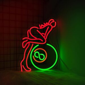 LED neon sign featuring a silhouette of a billiard lady, designed for wall decor in game rooms, bars, or near pool tables. USB powered and perfect as room or bar decoration.