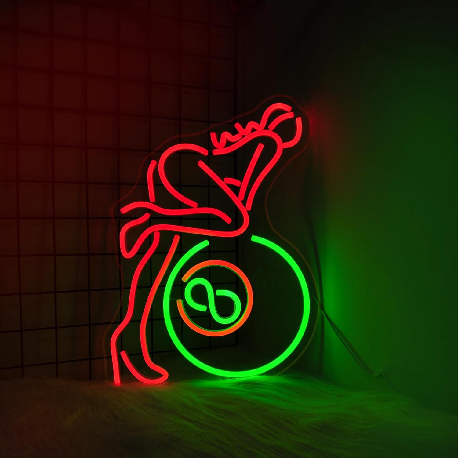 LED neon sign featuring a silhouette of a billiard lady, designed for wall decor in game rooms, bars, or near pool tables. USB powered and perfect as room or bar decoration.