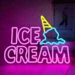 Colorful LED neon sign featuring an ice cream cone design with yellow, blue, and pink lights. Ideal for wall decor in bedrooms, cafes, bars, restaurants, or ice cream shops. USB powered and perfect for adding a playful, inviting glow to any space.