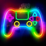 "Gamer neon sign with LED game controller design, RGB color-changing and scrolling light modes, USB-powered wall decor for gamer rooms, perfect gift for teens, boys, and kids."