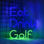 LED neon sign displaying the phrase "Eat Drink Golf," designed for wall decor in game rooms, bars, or man caves. USB powered and perfect for golf-themed room decoration or gifting.