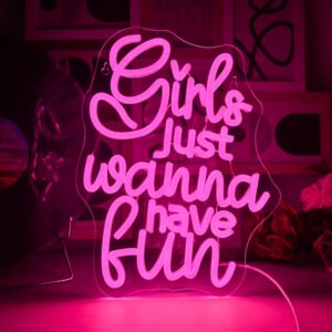 Pink LED neon sign displaying "Girls Just Wanna Have Fun" in retro style, ideal for 80s-themed parties, sleepovers, or girl’s room decor. USB powered, perfect for wall decoration at birthdays, weddings, or Christmas celebrations.