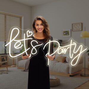 Oversized dimmable “Let’s Party” neon sign glowing in warm white, perfect for party decor.
