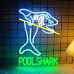 "Pool Shark billiards neon sign in azure and green colors, LED light wall decor for game room, garage, bar, pub, or club, with 5V USB power supply."