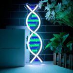 "DNA Double Helix neon sign featuring a dimmable LED light design, USB-powered wall decor for man cave, gaming room, bedroom, or science-themed spaces—perfect gift for doctors, nurses, or biology lovers (4.7 x 16.1 in).