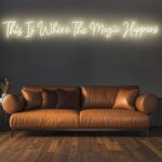 "Large 81-inch 'This Is Where The Magic Happens' LED neon sign for weddings, parties, and events - dimmable and easy to install."