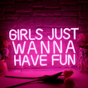 “Girls Just Wanna Have Fun retro style pink LED neon sign, USB powered wall decor for teen bedroom, wedding, party, Christmas, and birthday celebrations.”