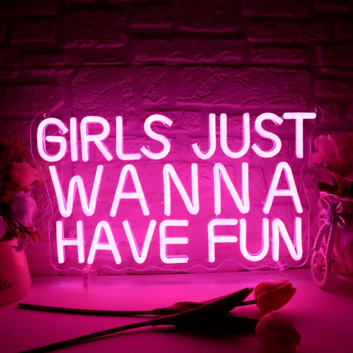 “Girls Just Wanna Have Fun retro style pink LED neon sign, USB powered wall decor for teen bedroom, wedding, party, Christmas, and birthday celebrations.”