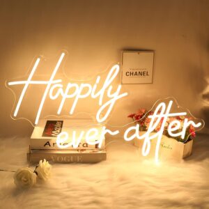 Glowing “Happily Ever After” neon light sign, ideal for weddings and romantic events.
