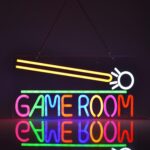 "Game Room Billiards neon sign featuring dimmable LED lighting with colorful design, USB-powered, mounted on clear acrylic, ideal for game rooms, bars, man caves, bedrooms, or home decor."