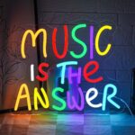 "Music Is The Answer neon sign featuring colorful letter design, USB-powered dimmable LED light for wall decor, ideal for studio, concert, bar, home party, kids’ room, or bedroom