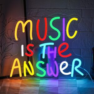 "Music Is The Answer neon sign featuring colorful letter design, USB-powered dimmable LED light for wall decor, ideal for studio, concert, bar, home party, kids’ room, or bedroom