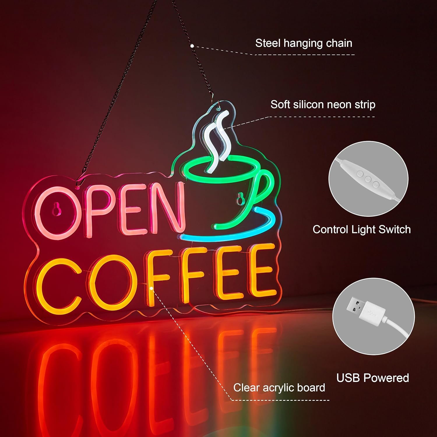 Coffee Open Neon Sign for Coffee Bar Wall Décor Dimmable Business Shop LED Neon Light - Image 3