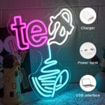 Blue teapot neon sign featuring a pouring tea design, dimmable LED light on acrylic backing, ideal for kitchens, tea bars, cafés, teahouses, lounges, and living room wall decor.