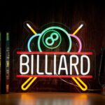 Billiards neon sign for wall decor featuring a bright LED design, ideal for pool rooms, pubs, bars, and game rooms. USB powered and dimmable, mounted on a clear acrylic backboard.