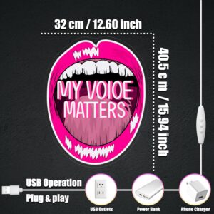 "Pink 'My Voice Matters' LED neon sign for wall decor - a motivational light for women's bedrooms, dorms, or vanity spaces. Features glowing cursive script with adjustable brightness in modern acrylic design "