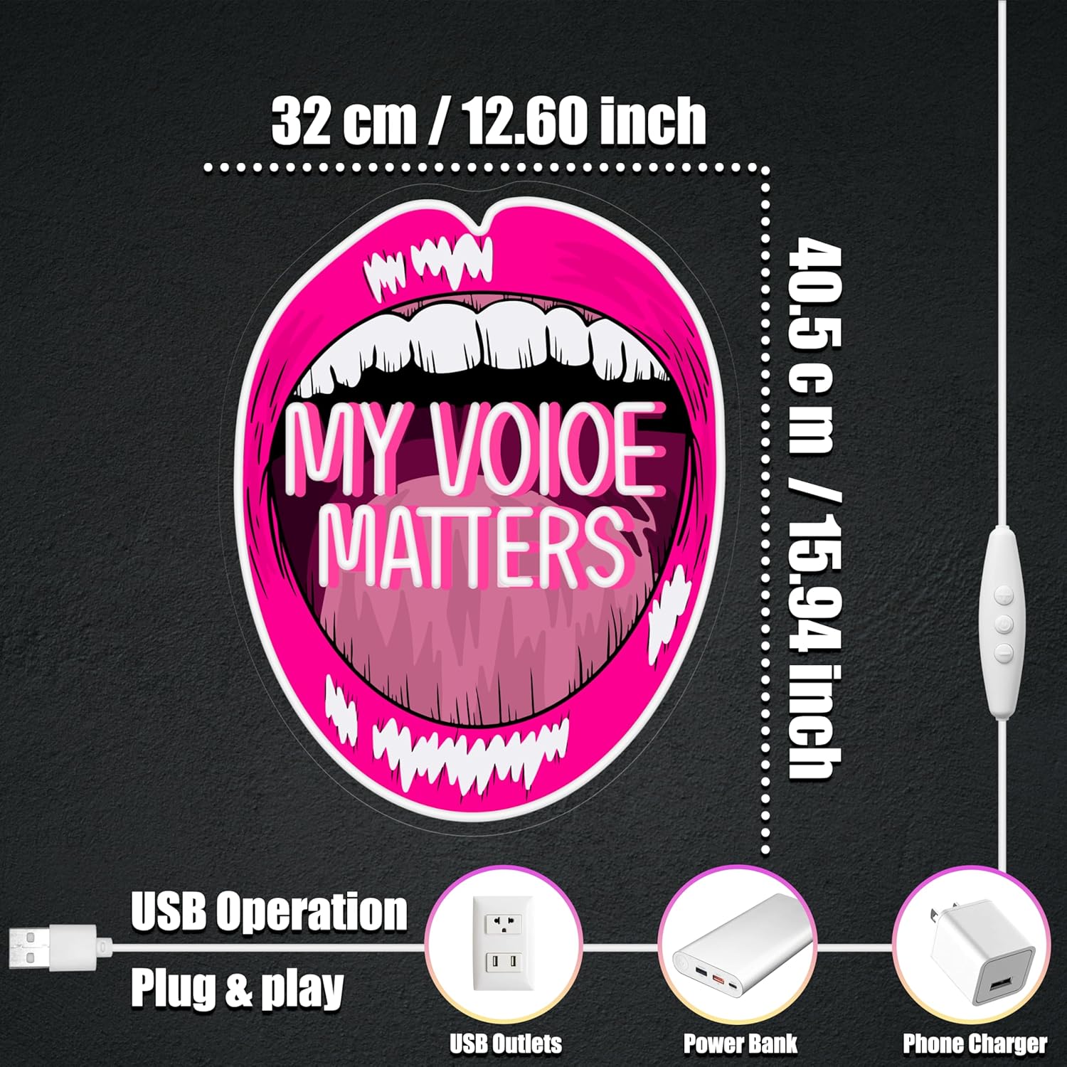 "Pink 'My Voice Matters' LED neon sign for wall decor - a motivational light for women's bedrooms, dorms, or vanity spaces. Features glowing cursive script with adjustable brightness in modern acrylic design "