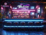 "Official Budweiser neon bar sign glowing in dark pub setting - Neonora"