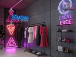 "Fashion Store" custom neon sign glowing above boutique entrance at night - Neonora