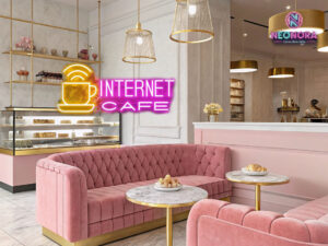 "Internet Cafe" retro neon sign glowing red in a dark gaming lounge - Neonora