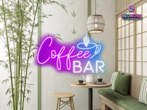 "Coffee Bar" LED neon sign glowing above espresso machine in modern kitchen - Neonora