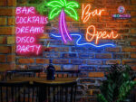 "Bar Cocktails Dreams Disco Party neon sign glowing above home bar with cocktails - Neonora"