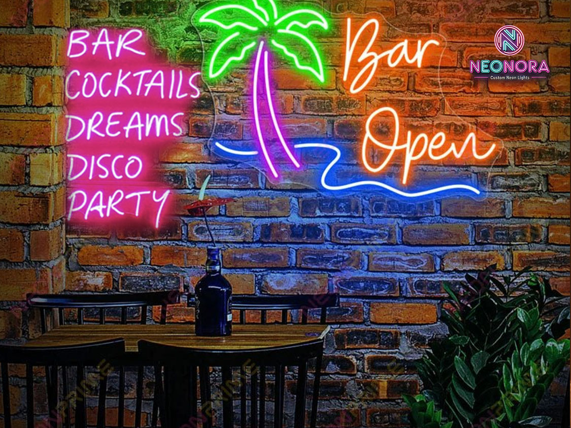 "Bar Cocktails Dreams Disco Party neon sign glowing above home bar with cocktails - Neonora"