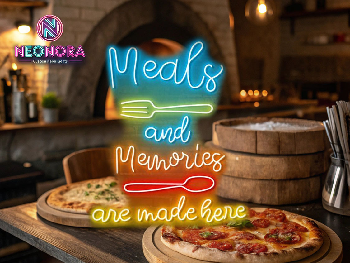 "Meals and Memories Are Made Here" warm-white LED neon sign glowing above a modern dining table with plates and wine glasses.