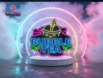 Custom "Bubble Tea" neon sign glowing in a cozy bedroom with boba plushies - Neonora