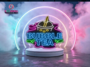Custom "Bubble Tea" neon sign glowing in a cozy bedroom with boba plushies - Neonora