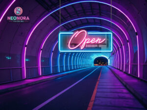 "OPEN" neon sign in bright red glowing on a café storefront window at night - Neonora