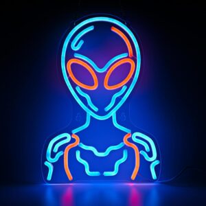 "Blue & orange alien head LED neon sign for gaming rooms & teen decor - 15.5x11" sci-fi wall art."