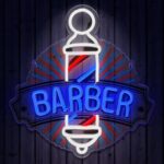 Barber Neon Sign for wall decor featuring colorful LED lights and printed design, USB powered, ideal for barber shops, hair salons, man caves, and gift occasions. Measures 13.19 x 13.78 inches.