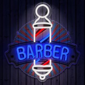 Barber Neon Sign for wall decor featuring colorful LED lights and printed design, USB powered, ideal for barber shops, hair salons, man caves, and gift occasions. Measures 13.19 x 13.78 inches.