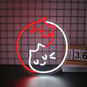 "cat-shaped neon sign - playful red and white LED wall decor for bedrooms, bars, and parties. Features USB power, clear acrylic backing, and easy hanging installation."*