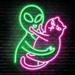 alien petting cat neon sign - quirky green LED wall decor for game rooms, bars, and sci-fi spaces. Features a playful alien and cat design with USB power, perfect for gifting to alien enthusiasts and