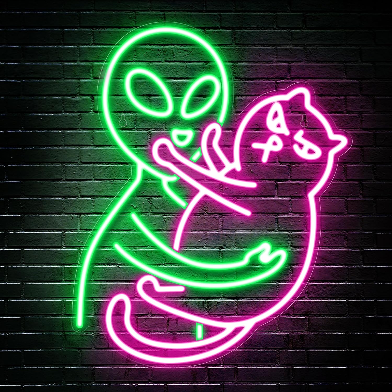 alien petting cat neon sign - quirky green LED wall decor for game rooms, bars, and sci-fi spaces. Features a playful alien and cat design with USB power, perfect for gifting to alien enthusiasts and