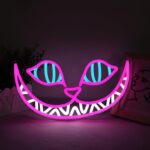 Cheshire Cat neon sign with a glowing smile, dimmable LED lights, and whimsical design—perfect for bedroom, party, or man cave wall decor.