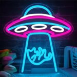 UFO cat neon sign - playful spaceship-shaped LED wall decor with dimmable brightness. Features a glowing cat inside a UFO, perfect for kids' rooms, playrooms, and sci-fi themed spaces. USB-powered for easy installation."