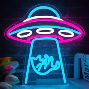 UFO cat neon sign - playful spaceship-shaped LED wall decor with dimmable brightness. Features a glowing cat inside a UFO, perfect for kids' rooms, playrooms, and sci-fi themed spaces. USB-powered for easy installation."