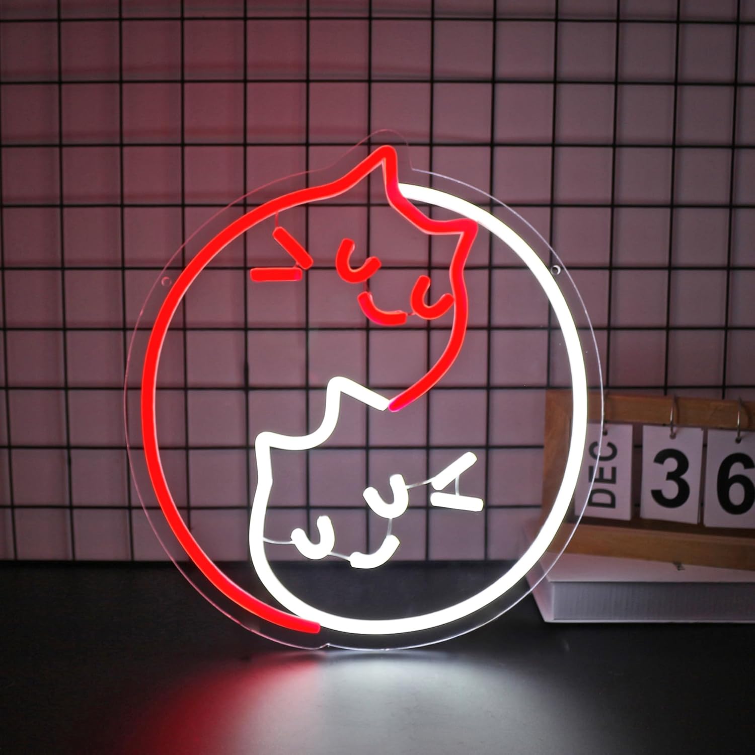 "cat-shaped neon sign - playful red and white LED wall decor for bedrooms, bars, and parties. Features USB power, clear acrylic backing, and easy hanging installation."*