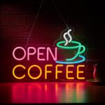 "Coffee Open Neon Sign in vibrant LED lights, ideal for coffee bars, shops, or cafés. USB powered, dimmable, and designed for indoor wall décor."