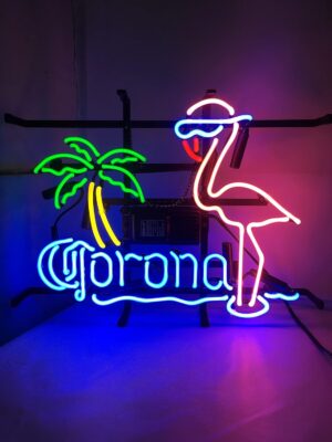 Corona Flamingo Palm Tree Beer Bar Neon Sign – Real Glass Wall Decor with Dimmable Light, Custom Bistro Pub LED Sign for Man Cave, Game Room, or Home Bar, 17" x 14"