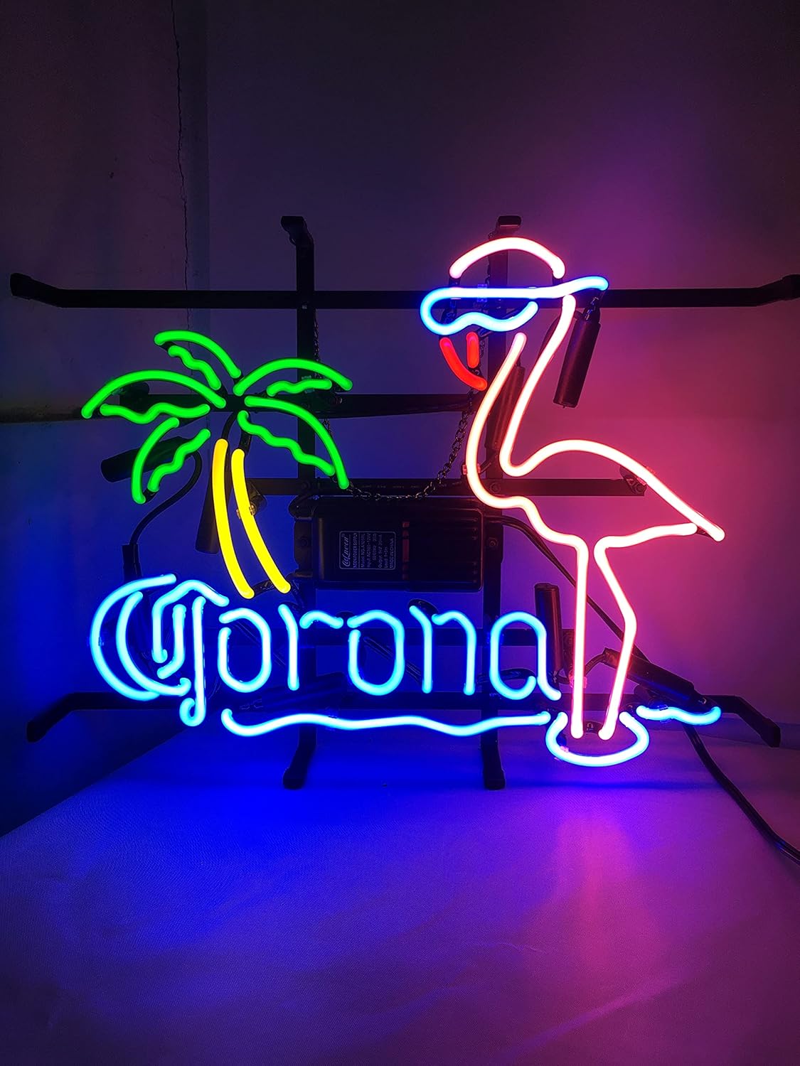 Corona Flamingo Palm Tree Beer Bar Neon Sign – Real Glass Wall Decor with Dimmable Light, Custom Bistro Pub LED Sign for Man Cave, Game Room, or Home Bar, 17" x 14"