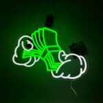 "Money neon sign featuring hands counting dollar bills, dimmable LED wall decor in green and white, USB powered, ideal for casino-themed rooms, man caves, game rooms, bedrooms, or party decorations, 17.2 x 11.2 inches."