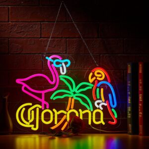 Flamingo and Parrot Corona Neon Sign for Wall Décor – Dimmable LED Light with Tropical Design, USB Powered Neon Art Sign for Beer Bar, Man Cave, Bedroom, Lounge, or Gift Decoration.